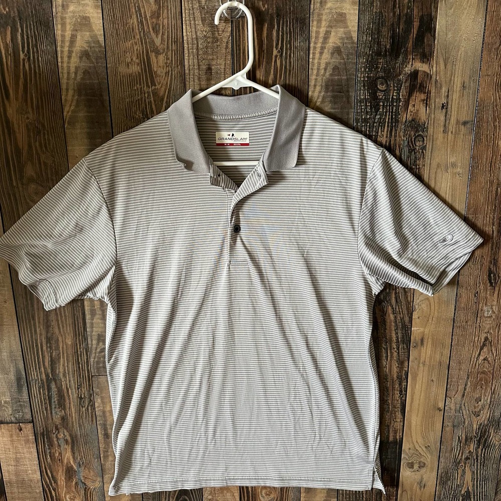 Mens Grand Slam Performance Polo Golf Shirt Gray White Striped Medium